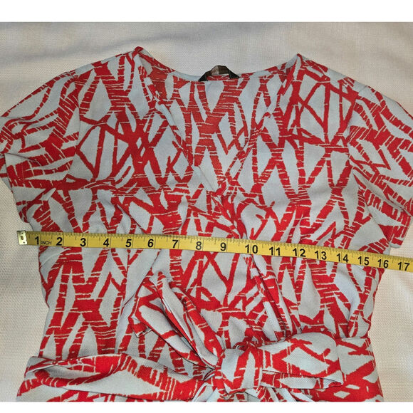 Sz XS YALY COUTURE Eggshell Blue Red Branch Print Crepe Short-sleeved Wrap Dress - Picture 3 of 7